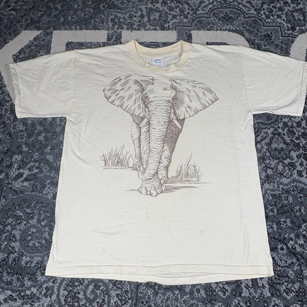 Vintage Elephant Graphic T-Shirt‎ Cream Men’s Size L Wildlife Nature Animal Tee